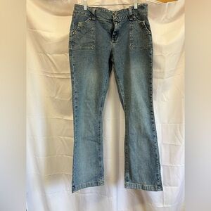 Blue Flare Wide Leg Jeans with Vintage-Inspired Wash